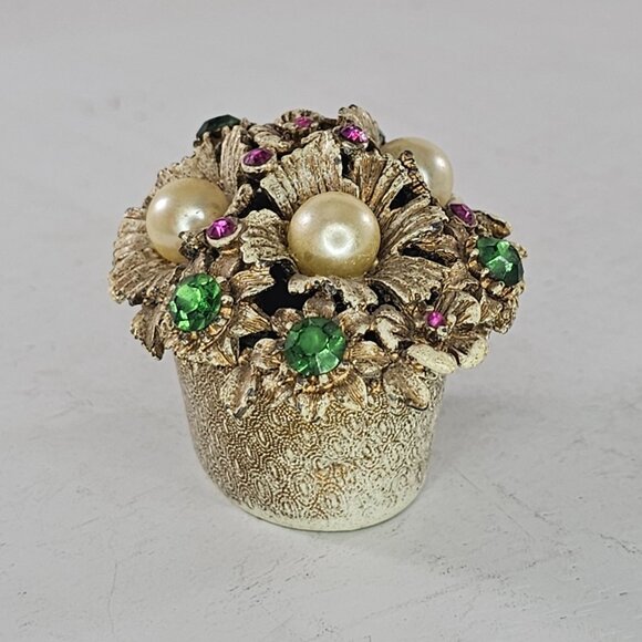 Vintage Florenza Gold-Toned Floral Basket Trinket Box Faux Pearls Rhinestones - Picture 3 of 9